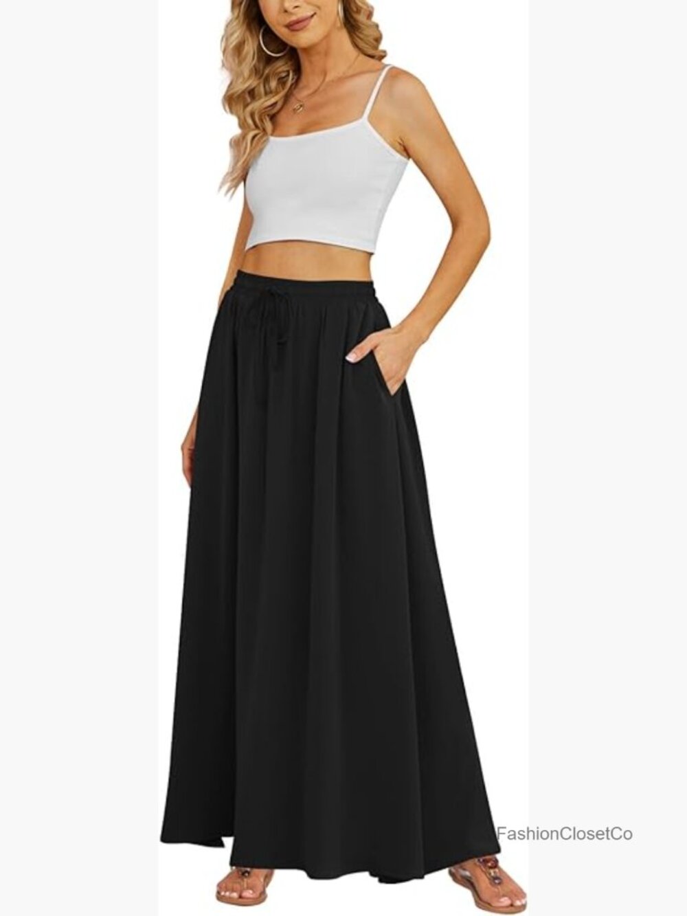 Flowy Maxi Skirt with Pockets Pleated High Waisted Casual Long Skirt Summer